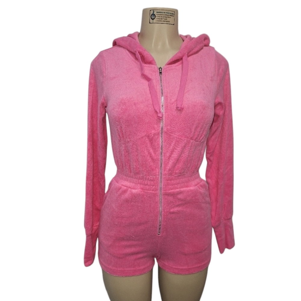 Hot Pink Hooded Terry Cloth Romper